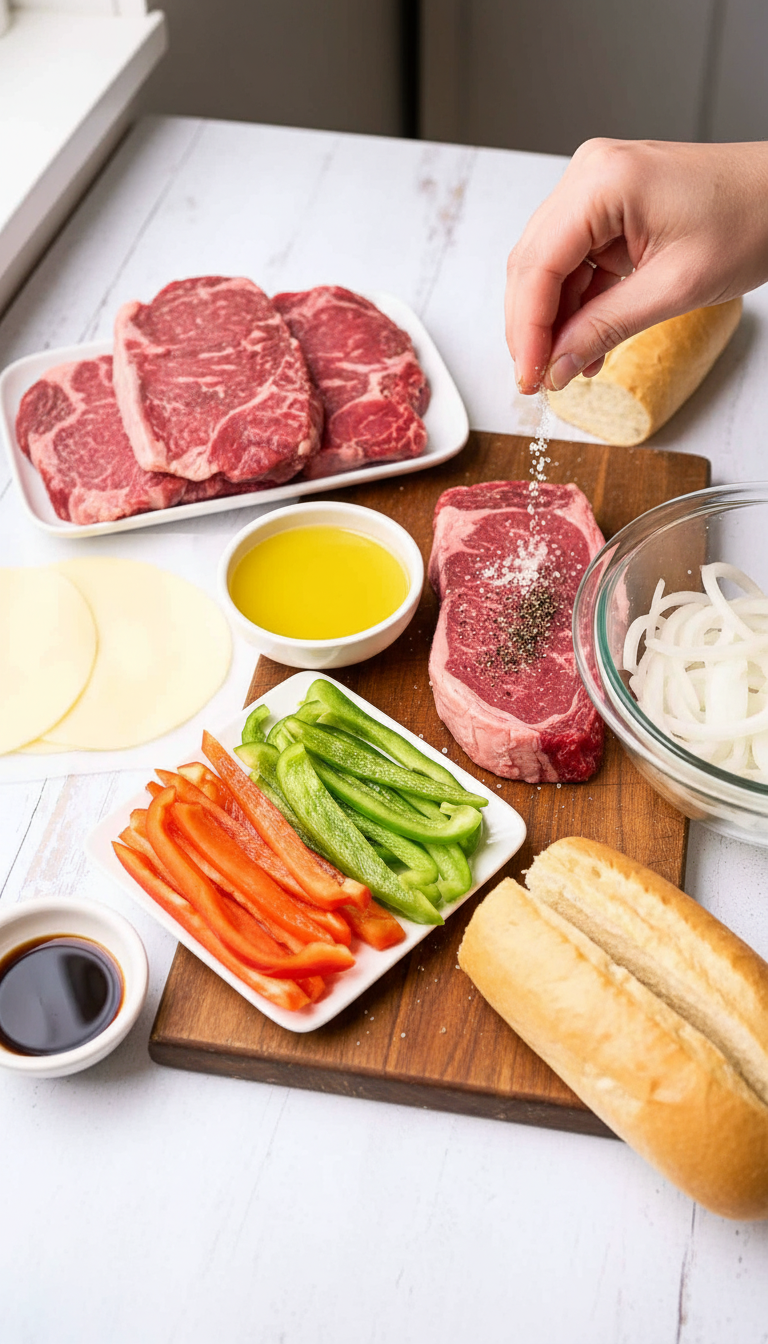 All ingredients needed for Philly cheesesteak recipe including ribeye, provolone, onions, and hoagie rolls