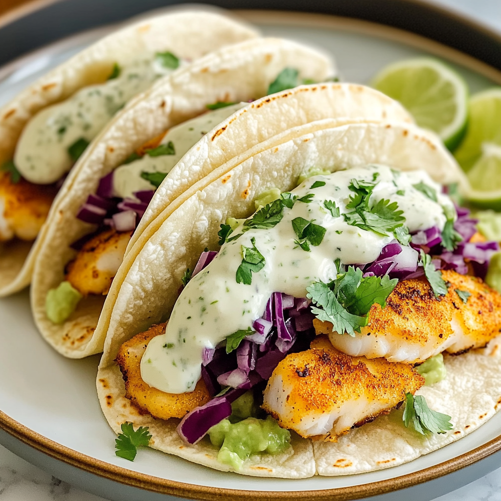Recipe preparation for Fish Tacos with Lime Crema