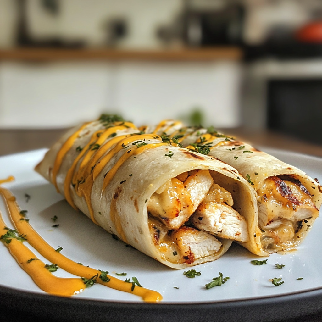 Recipe preparation for Cheesy Garlic Chicken Wraps