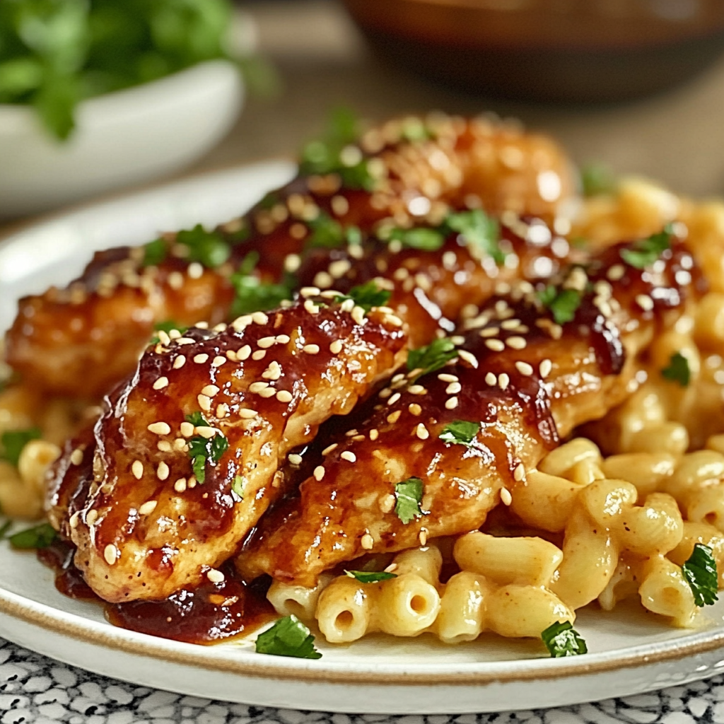 Recipe preparation for Spicy Honey Chicken with Mac and Cheese