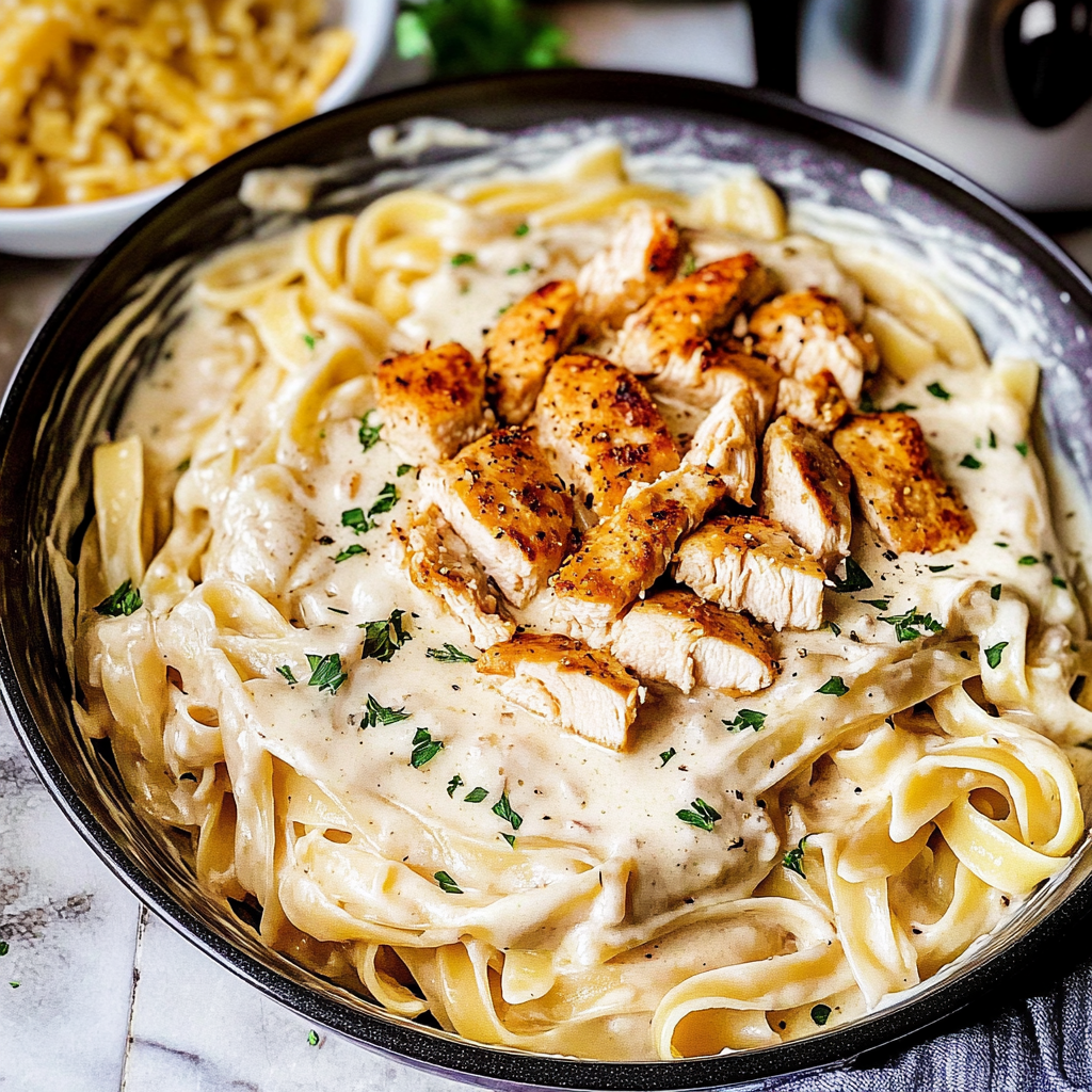 Recipe preparation for Chicken Alfredo Pasta
