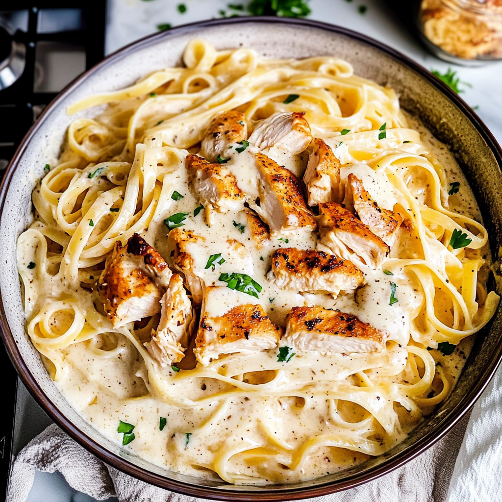 Recipe preparation for chicken alfredo pasta